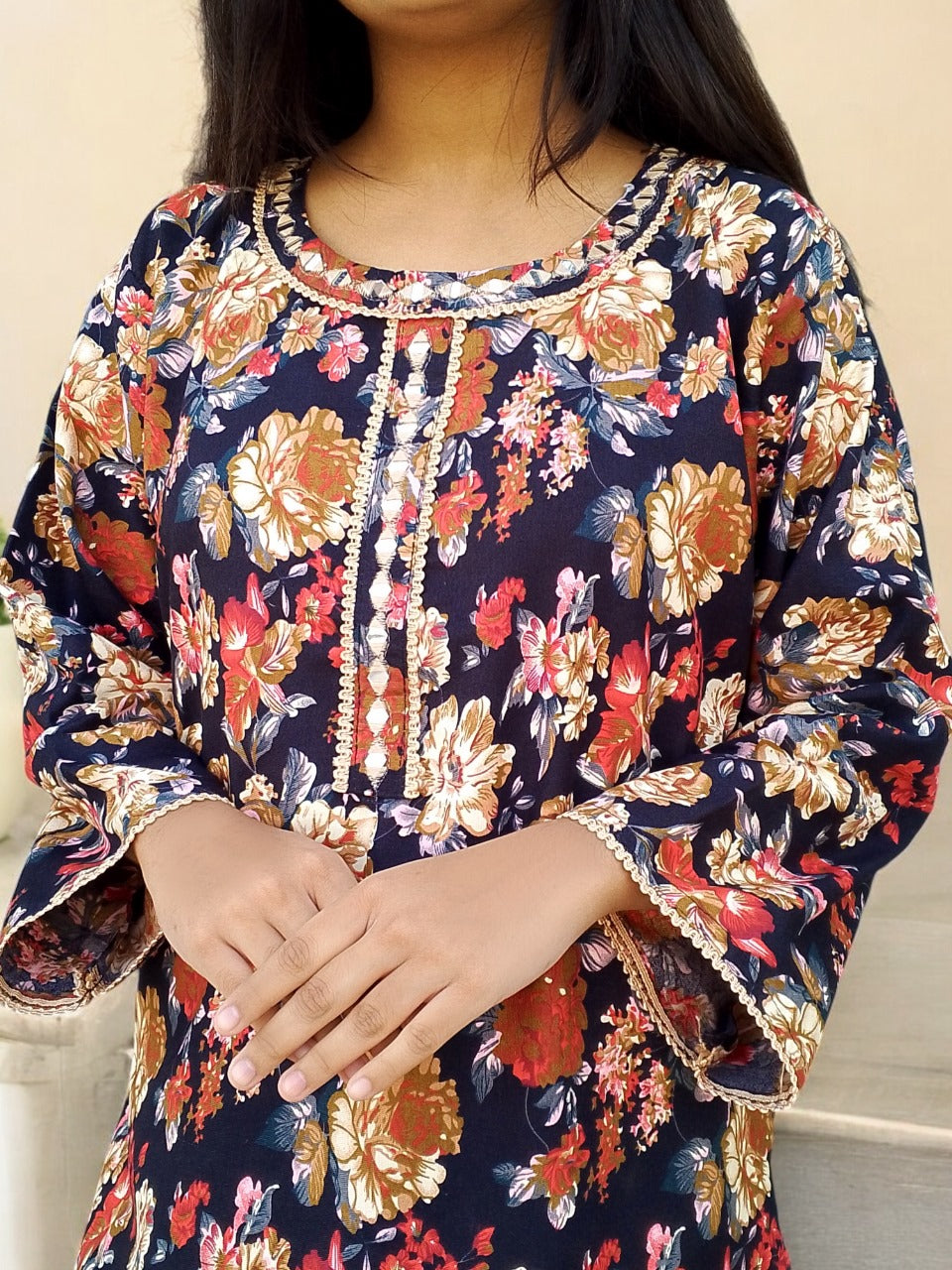 Winter Mirror Work Printed Crystal Wool Dress - Stitched 001