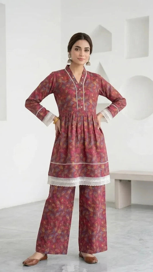 2Pcs Women's Stitched Lawn Digital Print Frock And Trouser with Milky Lace 4