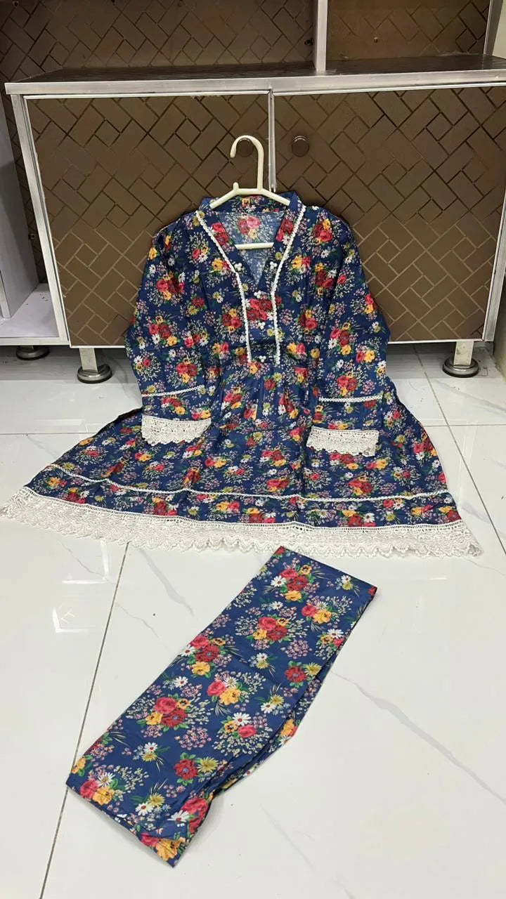 2Pcs Women's Stitched Lawn Digital Print Frock And Trouser with Milky Lace 5