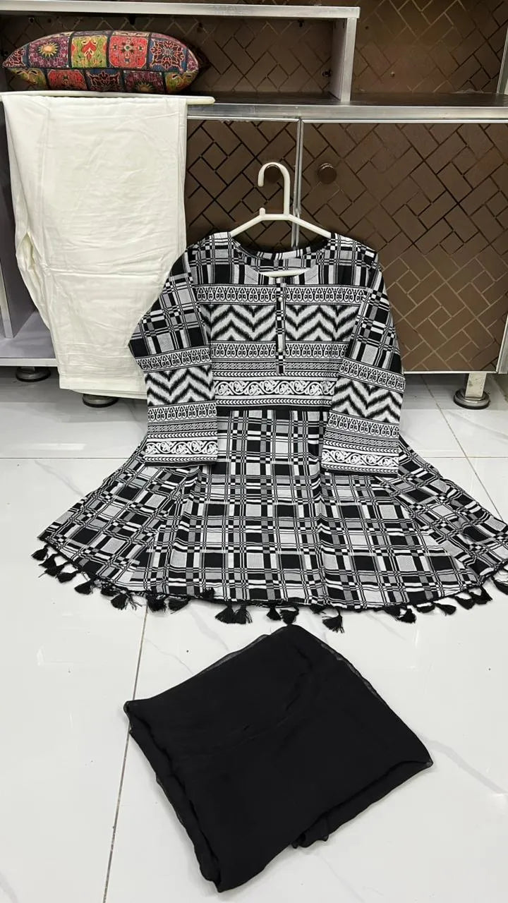 3Pcs Women's Stitched Lawn Digital Print Suit with Lace work short Frock and Shalwar 4 (Copy)