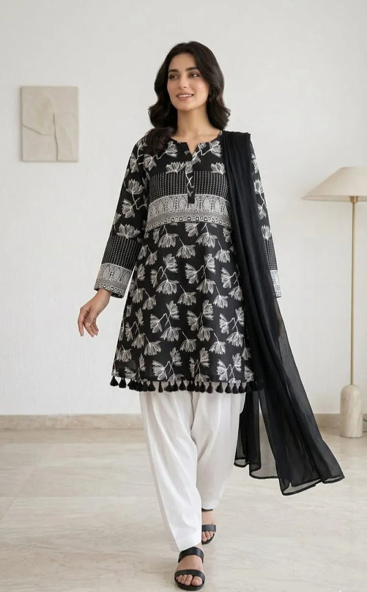 3Pcs Women's Stitched Lawn Digital Print Suit with Lace work short Frock and Shalwar 1