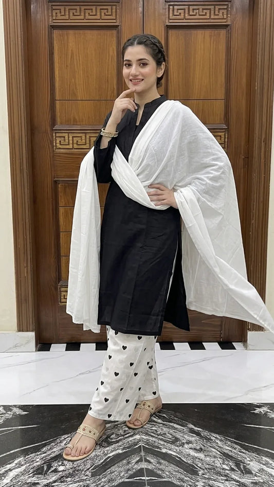 3Pcs Women's Stitched Cotton Lawn Block Printed Suit Viral Heart Printed with Lace (Black)