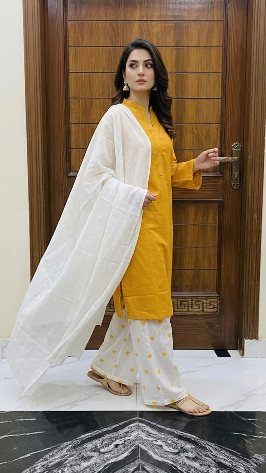 3Pcs Women's Stitched Cotton Lawn Block Printed Suit Viral Heart Printed with Lace (Yellow)