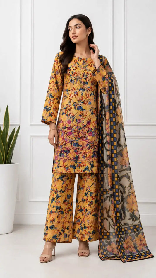 3Pcs Women's Stitched Lawn Embroidered Suit with Printed Shawl