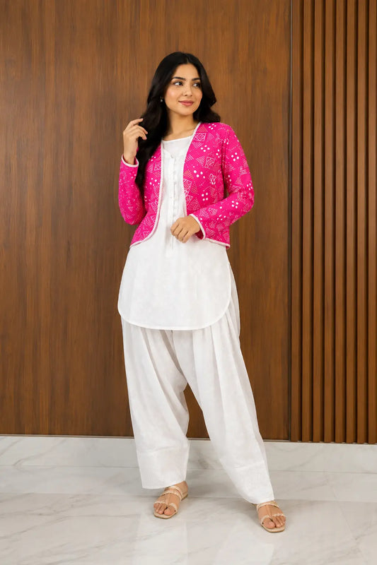 3 Pcs Women's Stitched Cotton Printed Shirt And Trouser with Chungi printed Koti