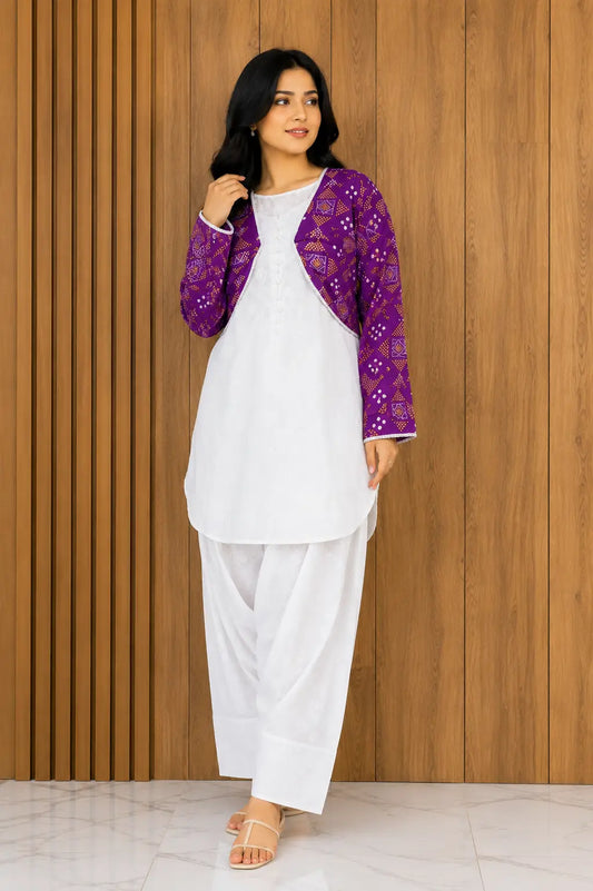3 Pcs Women's Stitched Cotton Printed Shirt And Trouser with Chungi printed Koti