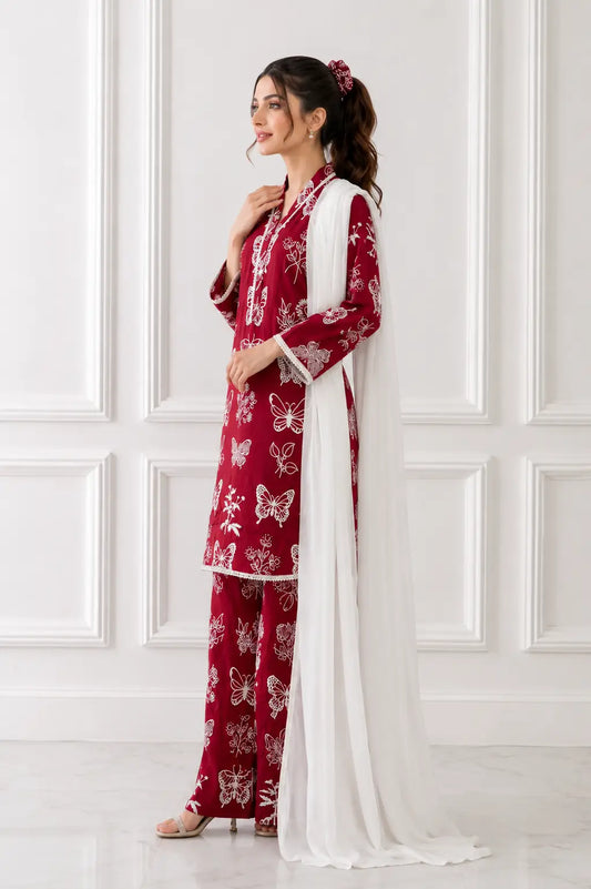 4Pcs Women's Stitched Linen Printed Suit with FREE scrunchie