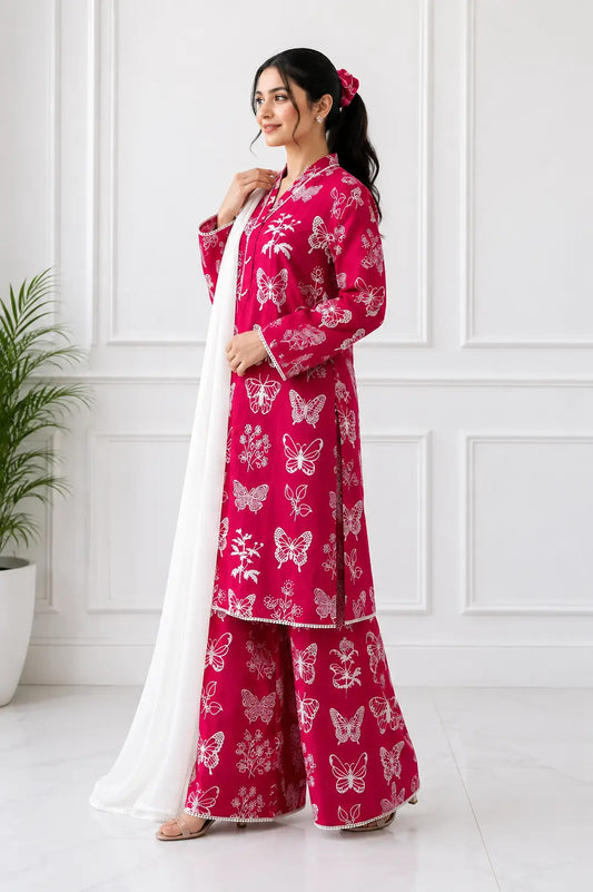 4Pcs Women's Stitched Linen Printed Suit with FREE scrunchie
