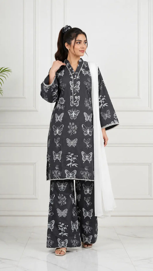 4Pcs Women's Stitched Linen Printed Suit with FREE scrunchie