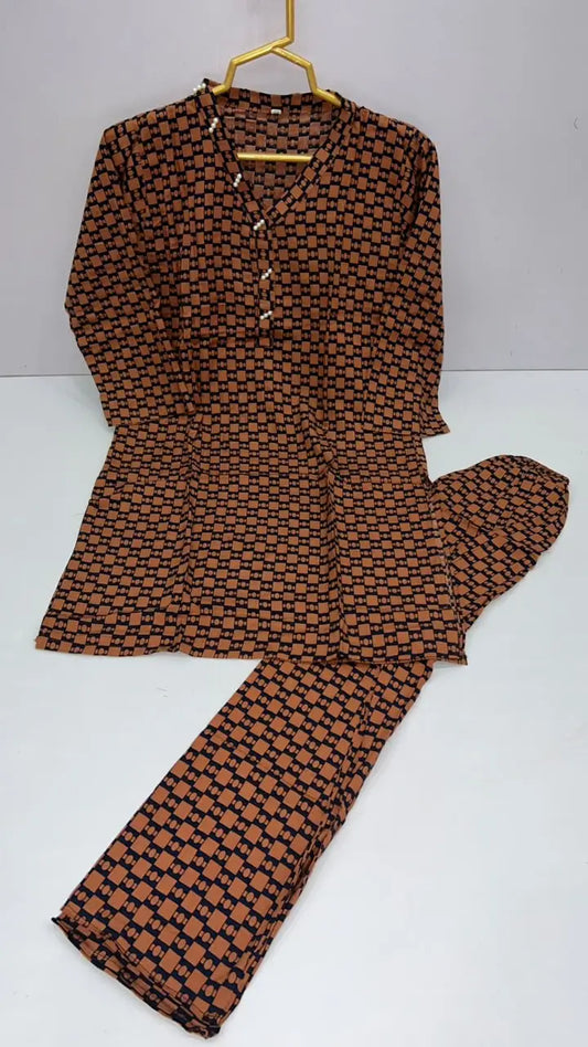 2 Pcs Girl's Stone Linen Printed Frock And Trouser Set