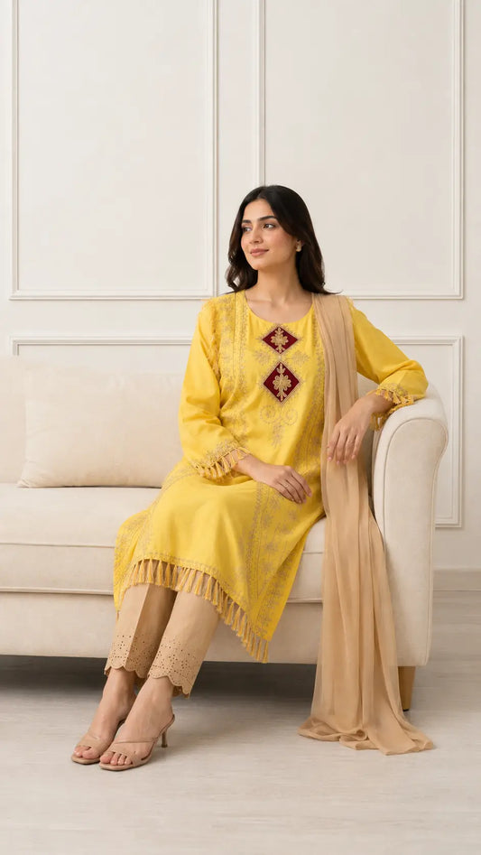 3 Pcs Women's Stitched Linen Hand Embroidered Suit