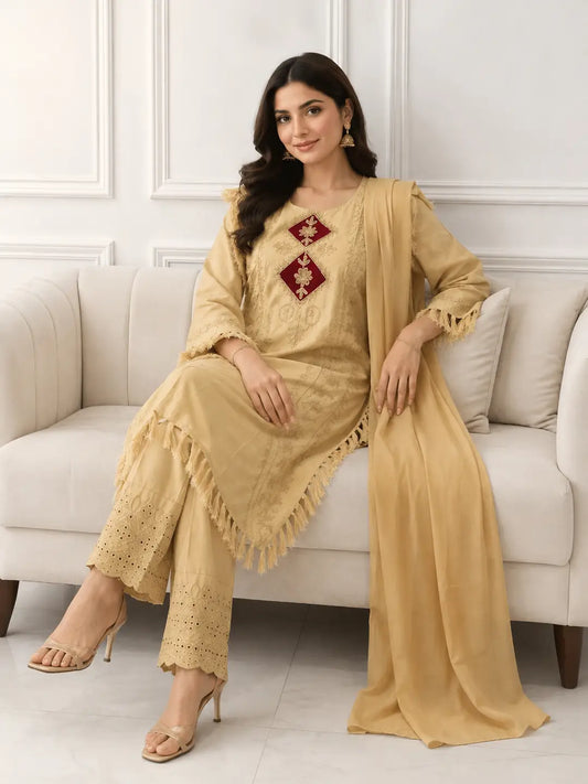 3 Pcs Women's Stitched Linen Hand Embroidered Suit