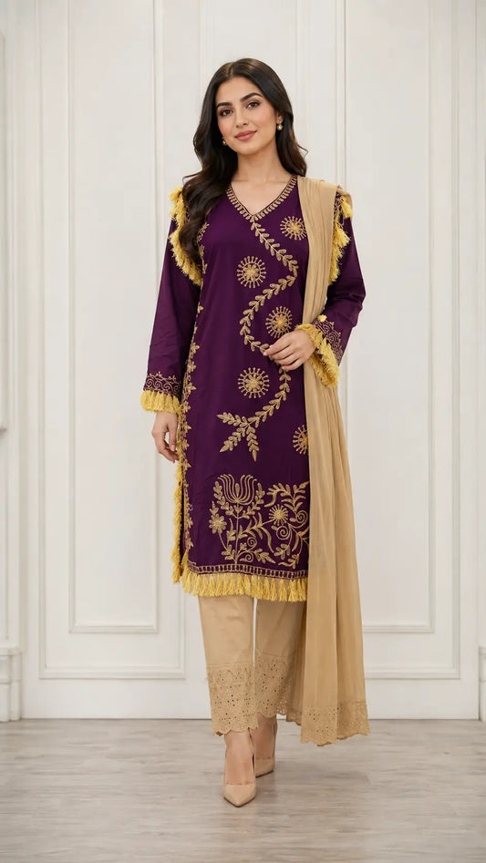 3 Pcs Women's Stitched Linen Hand Embroidered Suit