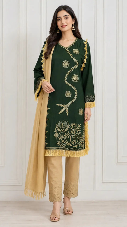 3 Pcs Women's Stitched Linen Hand Embroidered Suit