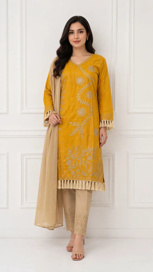3 Pcs Women's Stitched Linen Hand Embroidered Suit