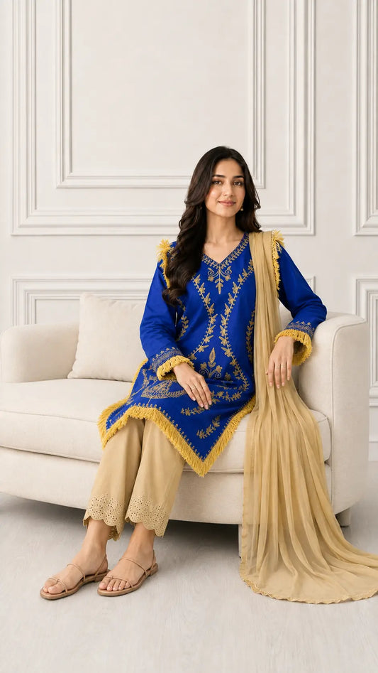 3 Pcs Women's Stitched Linen Hand Embroidered Suit