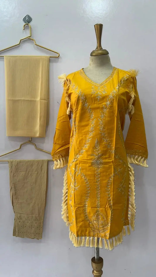 3 Pcs Women's Stitched Linen Hand Embroidered Suit