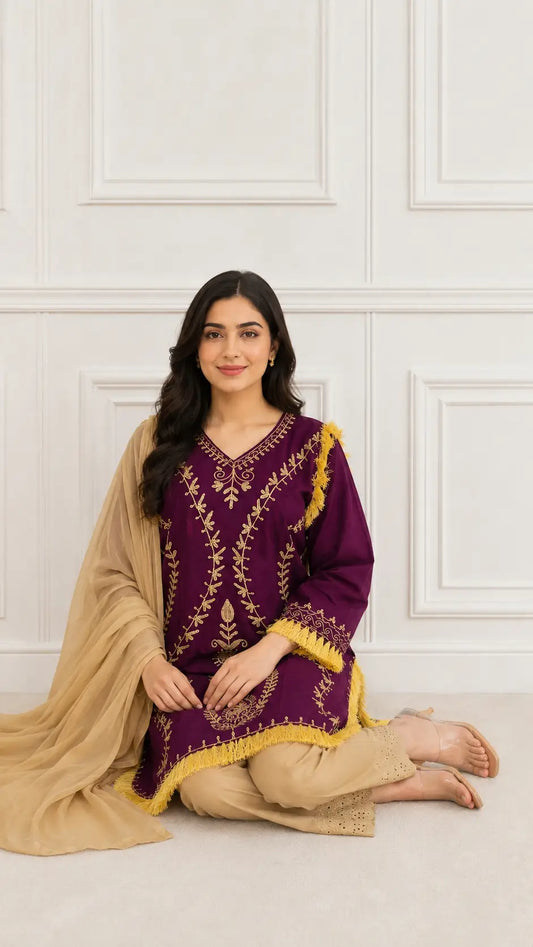 3 Pcs Women's Stitched Linen Hand Embroidered Suit