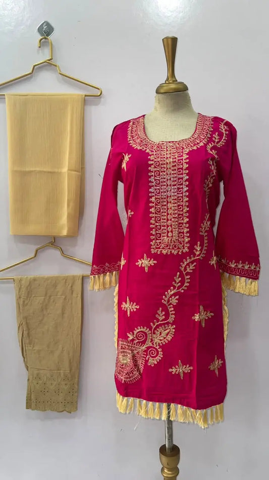 3 Pcs Women's Stitched Linen Hand Embroidered Suit