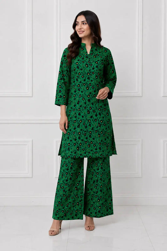 2 Pcs Women's Stitched winter Cotton Printed Long Shirt And Trouser