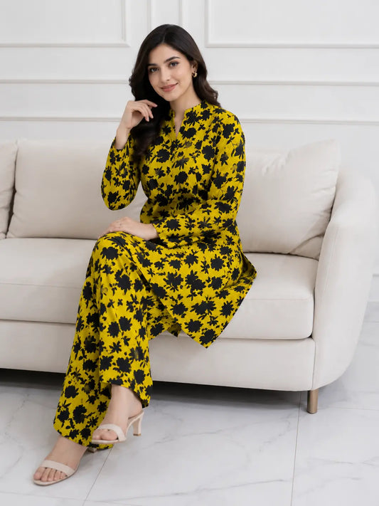 2 Pcs Women's Stitched winter Cotton Printed Long Shirt And Trouser