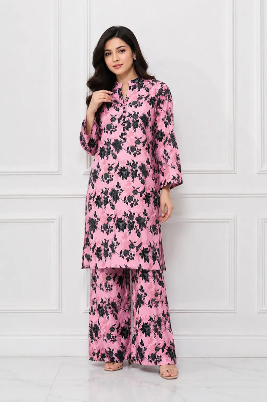 2 Pcs Women's Stitched winter Cotton Printed Long Shirt And Trouser