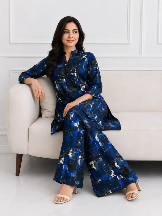 2 Pcs Women's Stitched winter Cotton Printed Long Shirt And Trouser