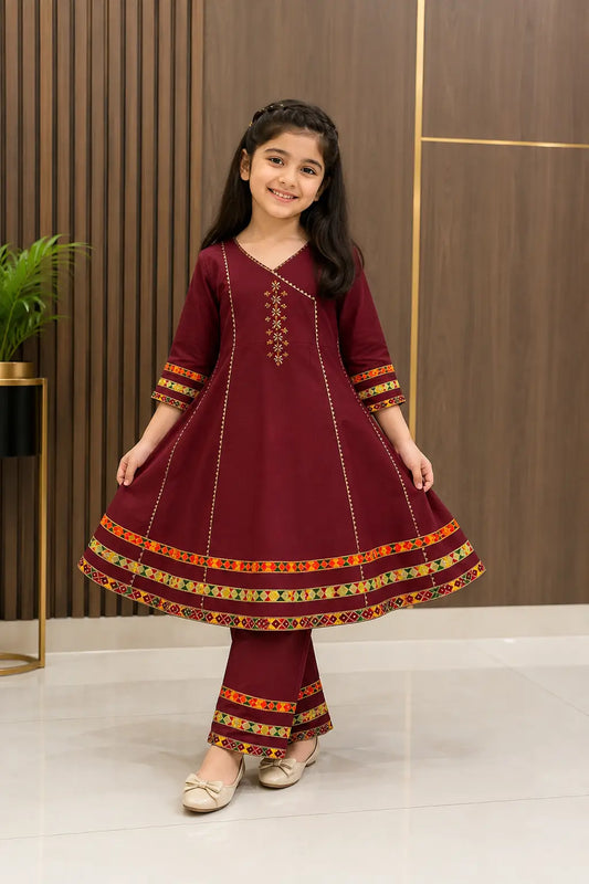 2 Pcs Girl's Cotton Embroidered Frock And Trouser Set
