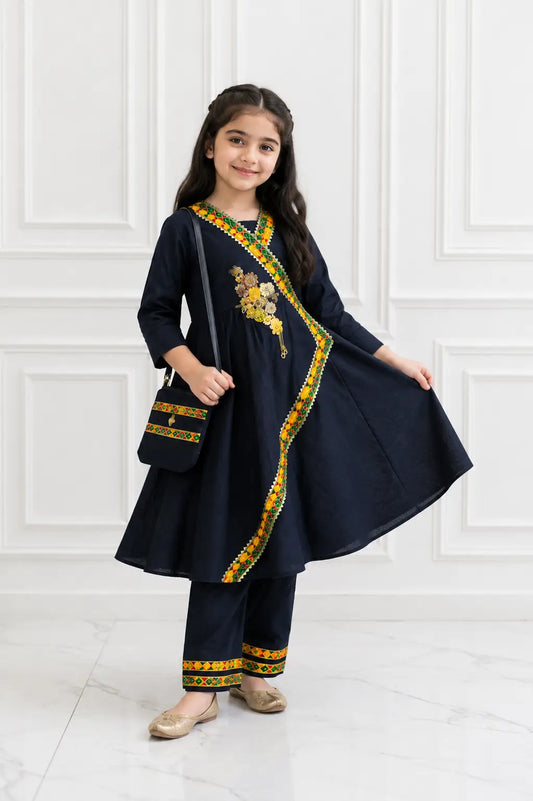2 Pcs Girl's Cotton Embroidered Frock And Trouser Set