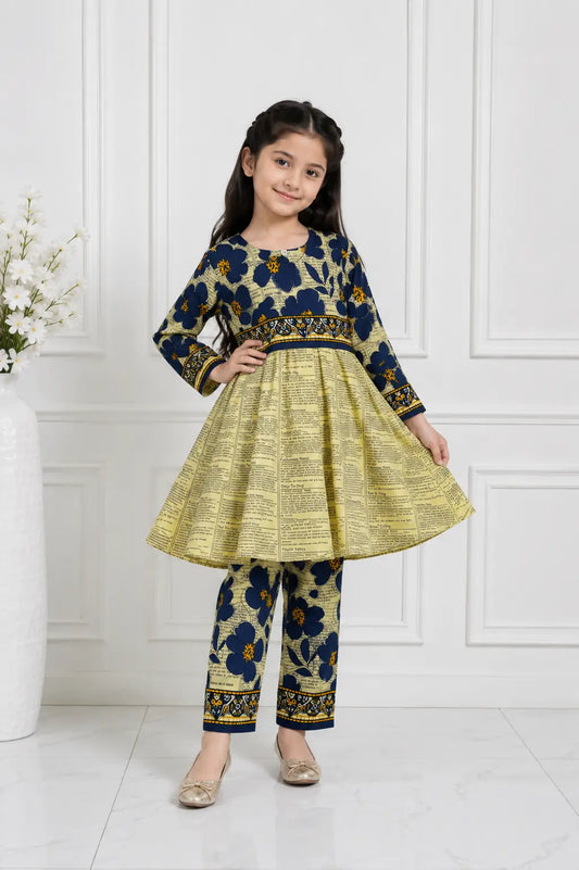 2 Pcs Girl's Linen Printed Frock And Trouser Set