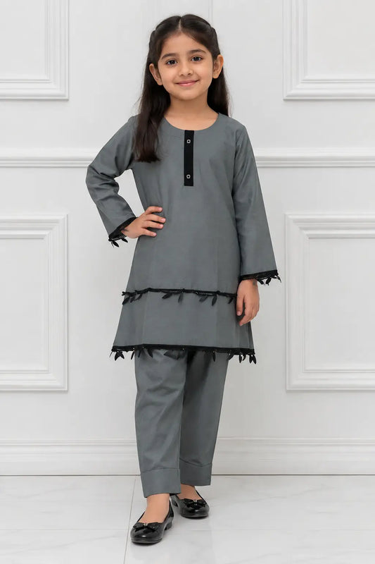 2 Pcs Girl's Lawn Plain Kurta And Trouser with Lace