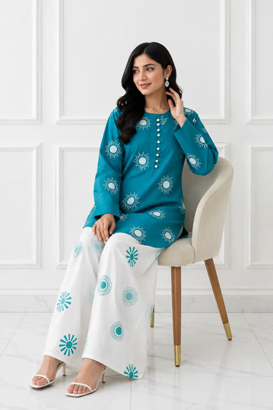 2 Pcs Women's Stitched Cotton Lawn Printed Co-Ord Set Sooraj Print