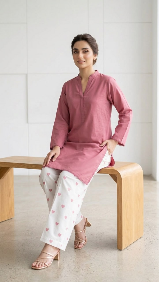 2PC Lawn Cotton Steam Printed Viral Heart Printed (Tea Pink)
