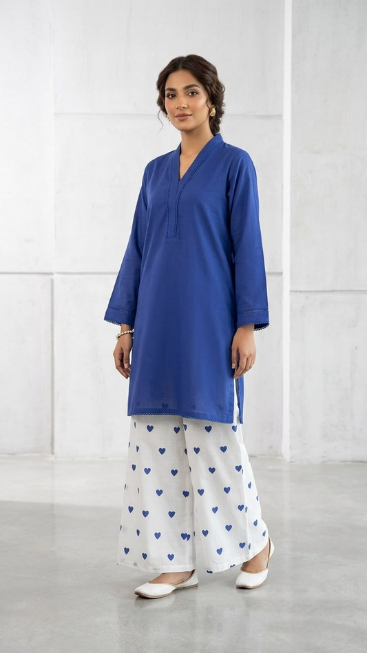 2PC Lawn Cotton Steam Printed Viral Heart Printed (Royal Blue)