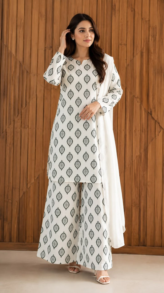 3 Pcs Women's Stitched Cotton Lawn Printed Suit with Chiffon Dupatta & Back Straps (White)