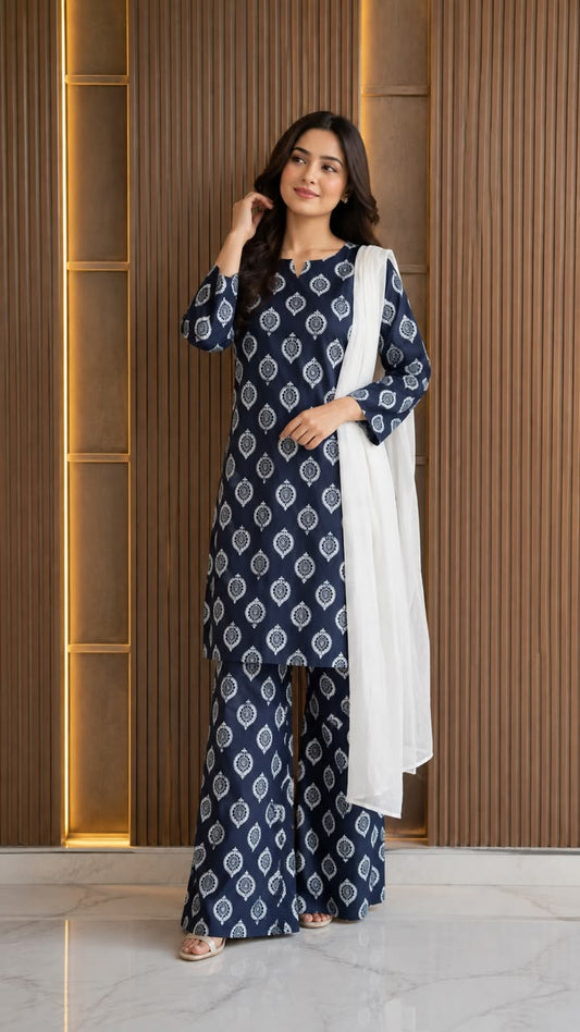 3 Pcs Women's Stitched Cotton Lawn Printed Suit with Chiffon Dupatta & Back Straps (Blue)