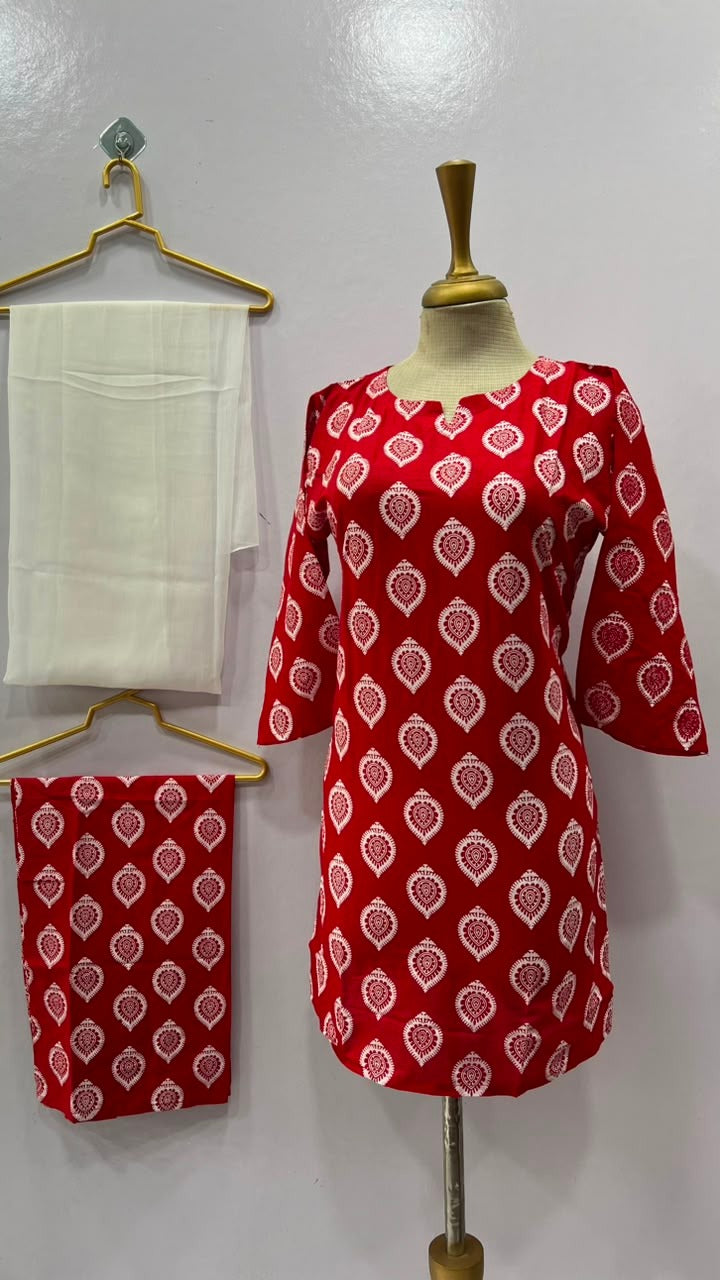 3 Pcs Women's Stitched Cotton Lawn Printed Suit with Chiffon Dupatta & Back Straps (Red)