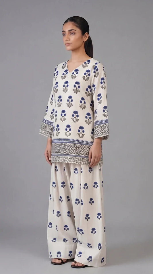 2 Pcs Women's Stitched Cotton Lawn Block Printed Shirt And Farshi Shalwar
