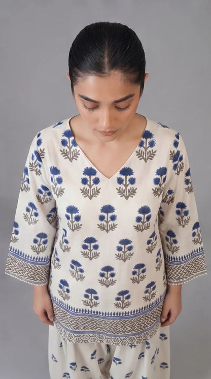 2 Pcs Women's Stitched Cotton Lawn Block Printed Shirt And Farshi Shalwar