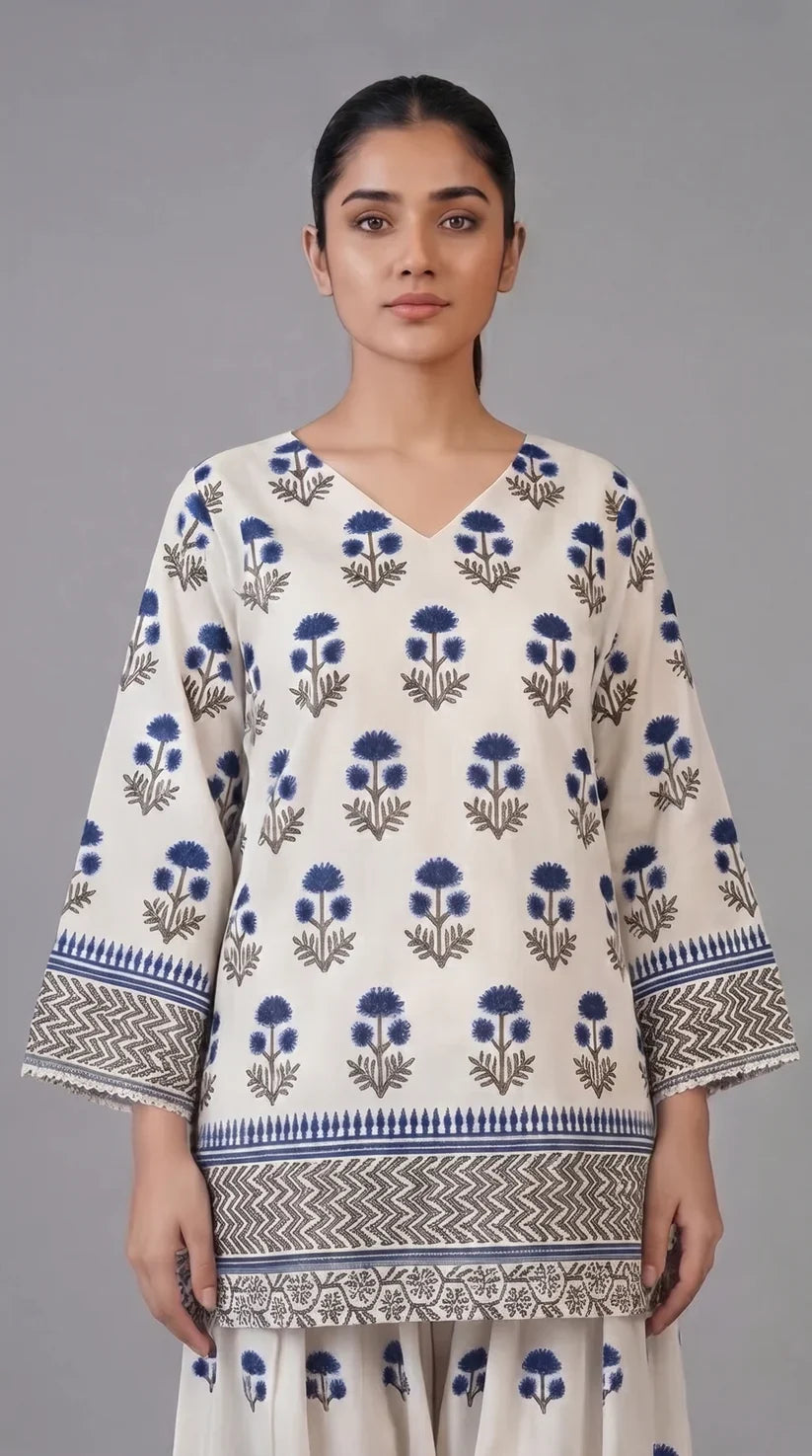 2 Pcs Women's Stitched Cotton Lawn Block Printed Shirt And Farshi Shalwar