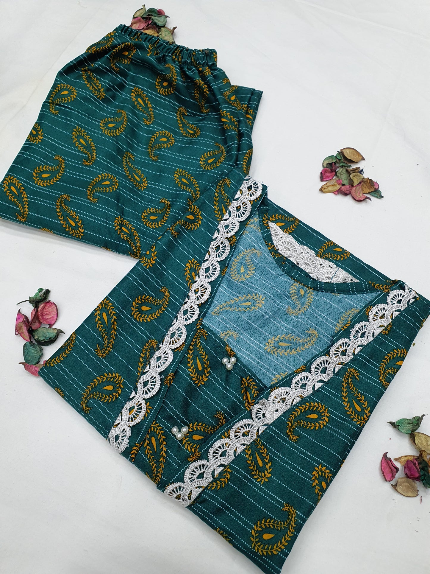 Cotton 2-Piece Stitched Set with Elegant Lace Detailing – Long Length Outfit (13)