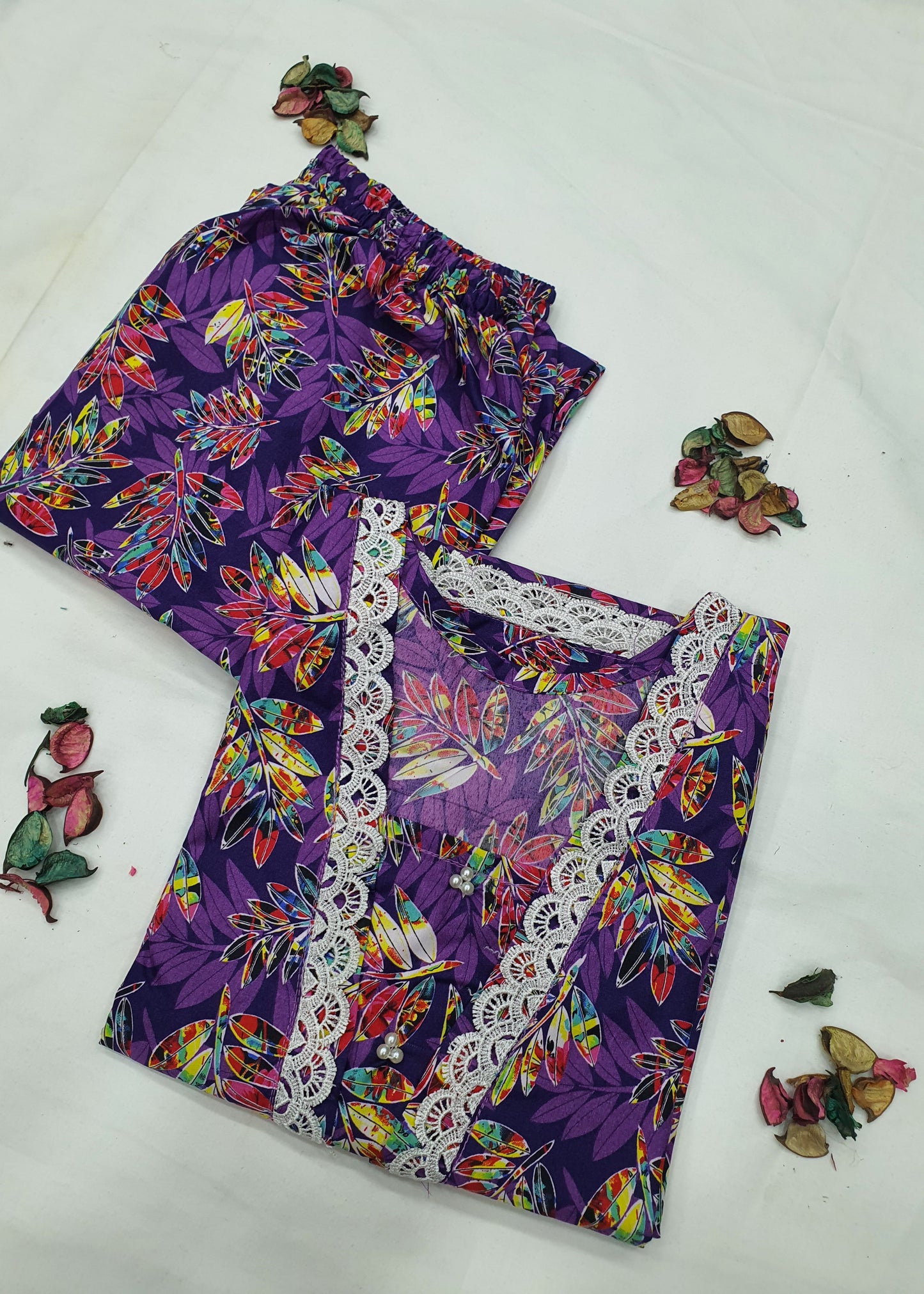 Cotton 2-Piece Stitched Set with Elegant Lace Detailing – Long Length Outfit (12)