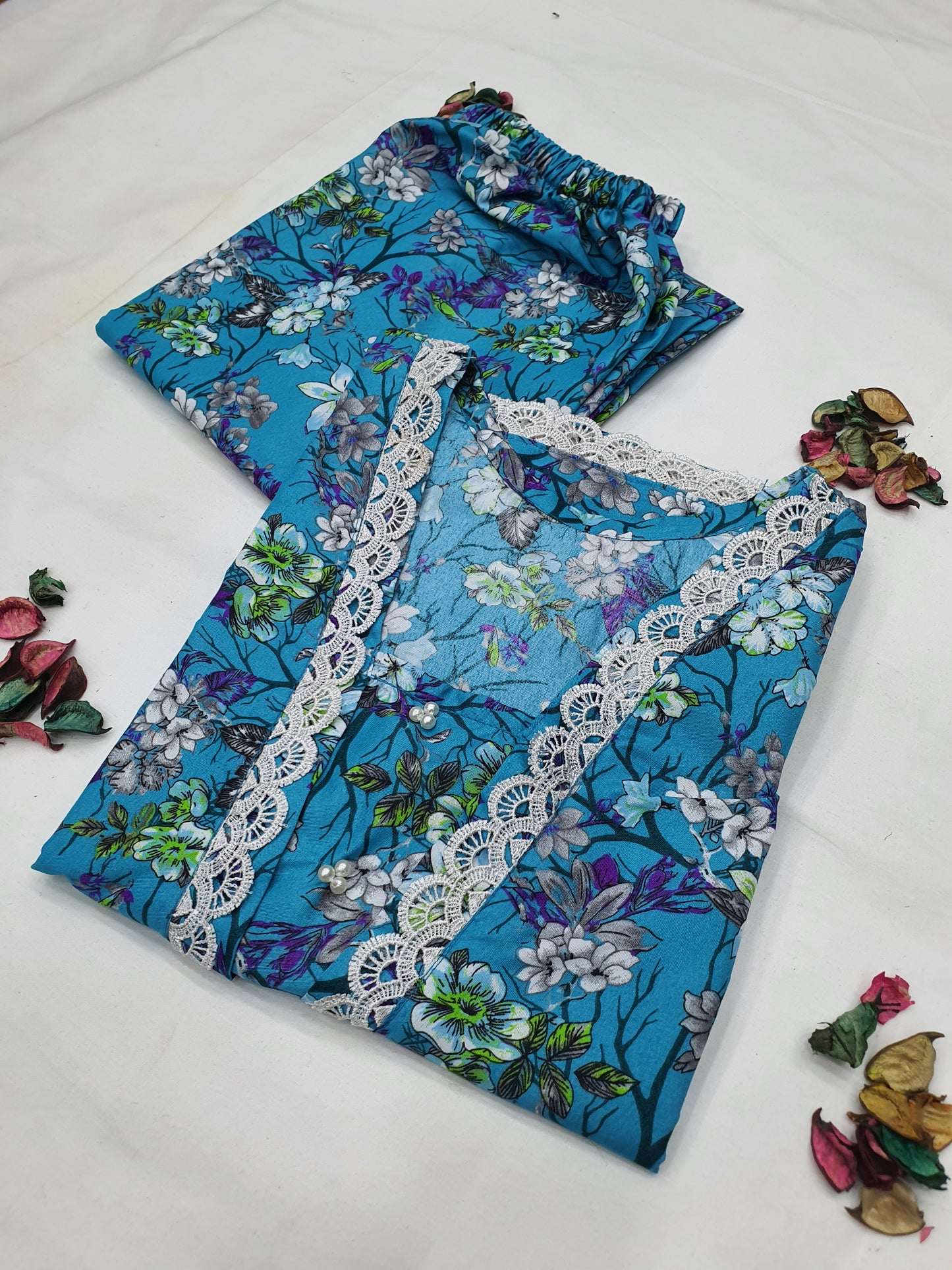 Cotton 2-Piece Stitched Set with Elegant Lace Detailing – Long Length Outfit (08)