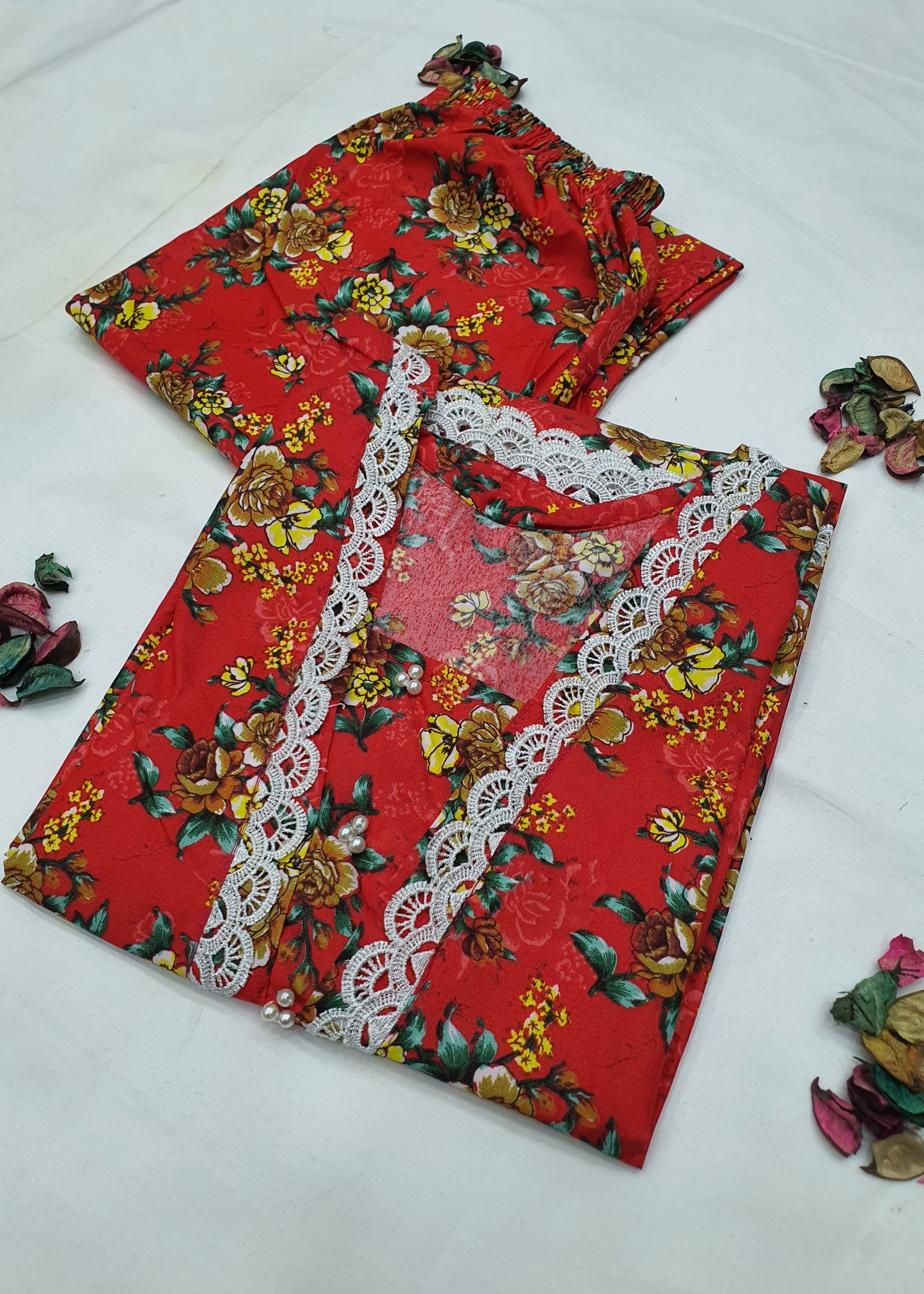 Cotton 2-Piece Stitched Set with Elegant Lace Detailing – Long Length Outfit (07)
