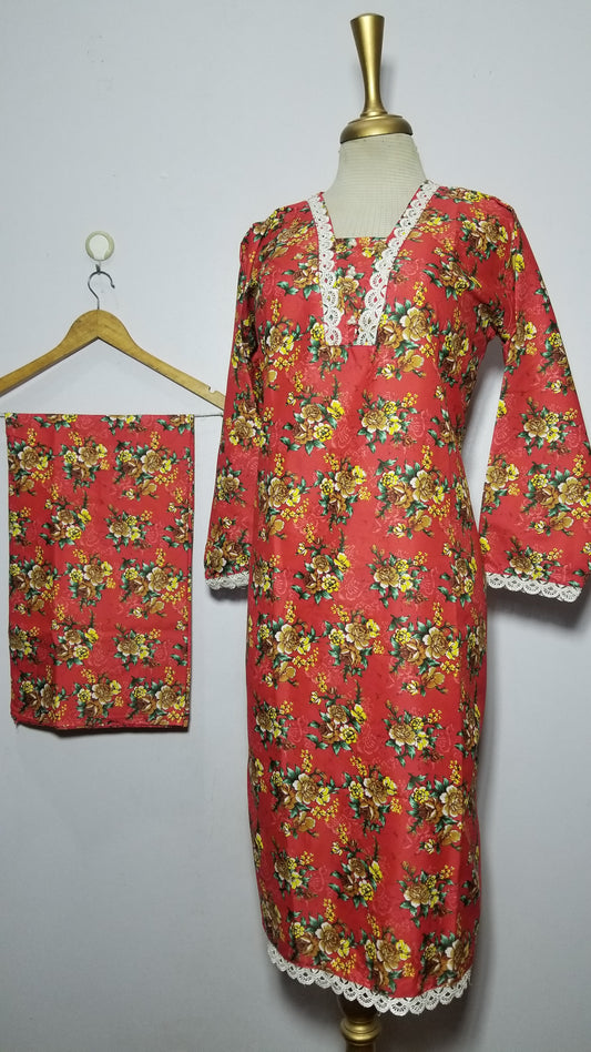 Cotton 2-Piece Stitched Set with Elegant Lace Detailing – Long Length Outfit (07)