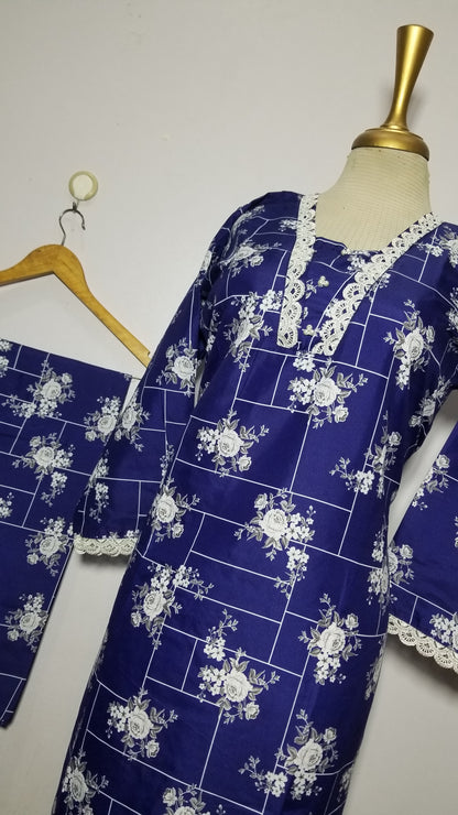 Cotton 2-Piece Stitched Set with Elegant Lace Detailing – Long Length Outfit (06)