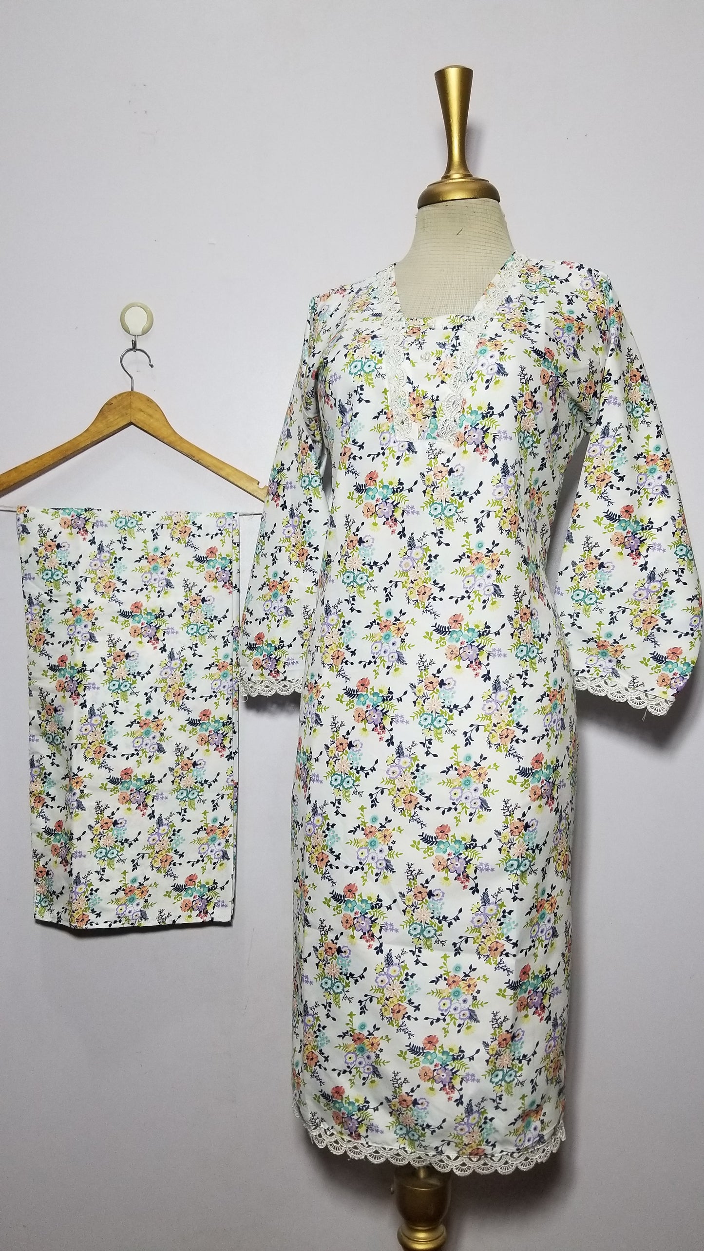 Cotton 2-Piece Stitched Set with Elegant Lace Detailing – Long Length Outfit (09)