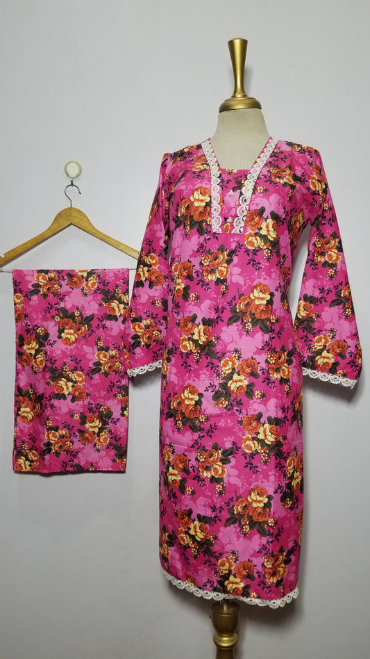 Cotton 2-Piece Stitched Set with Elegant Lace Detailing – Long Length Outfit (10)