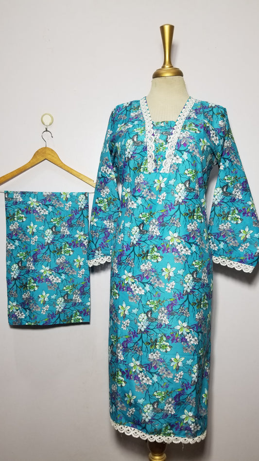 Cotton 2-Piece Stitched Set with Elegant Lace Detailing – Long Length Outfit (08)