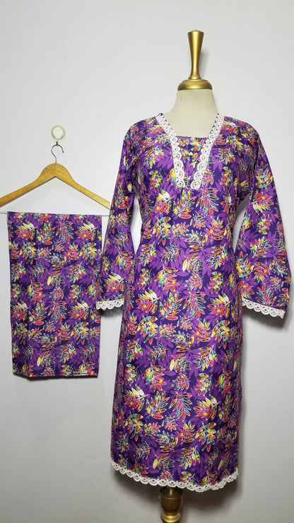 Cotton 2-Piece Stitched Set with Elegant Lace Detailing – Long Length Outfit (12)
